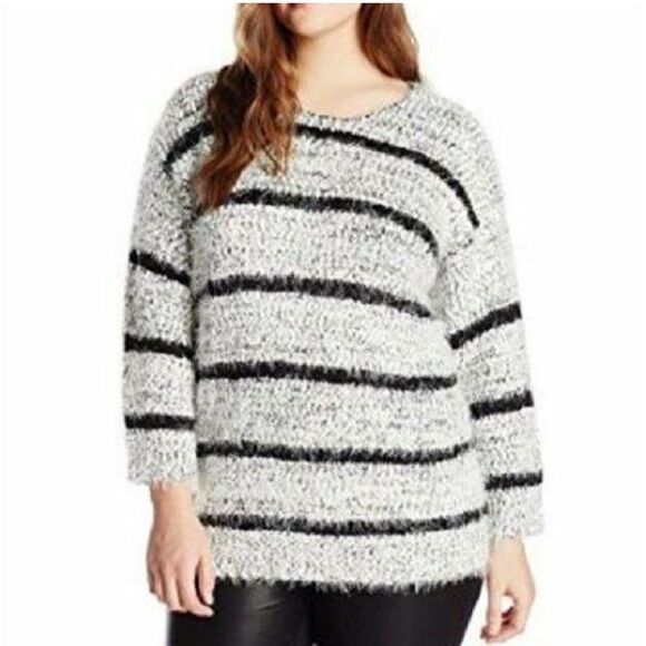CALVIN KLEIN sweater‎ birch black striped chenille fuzzy M - Picture 1 of 8